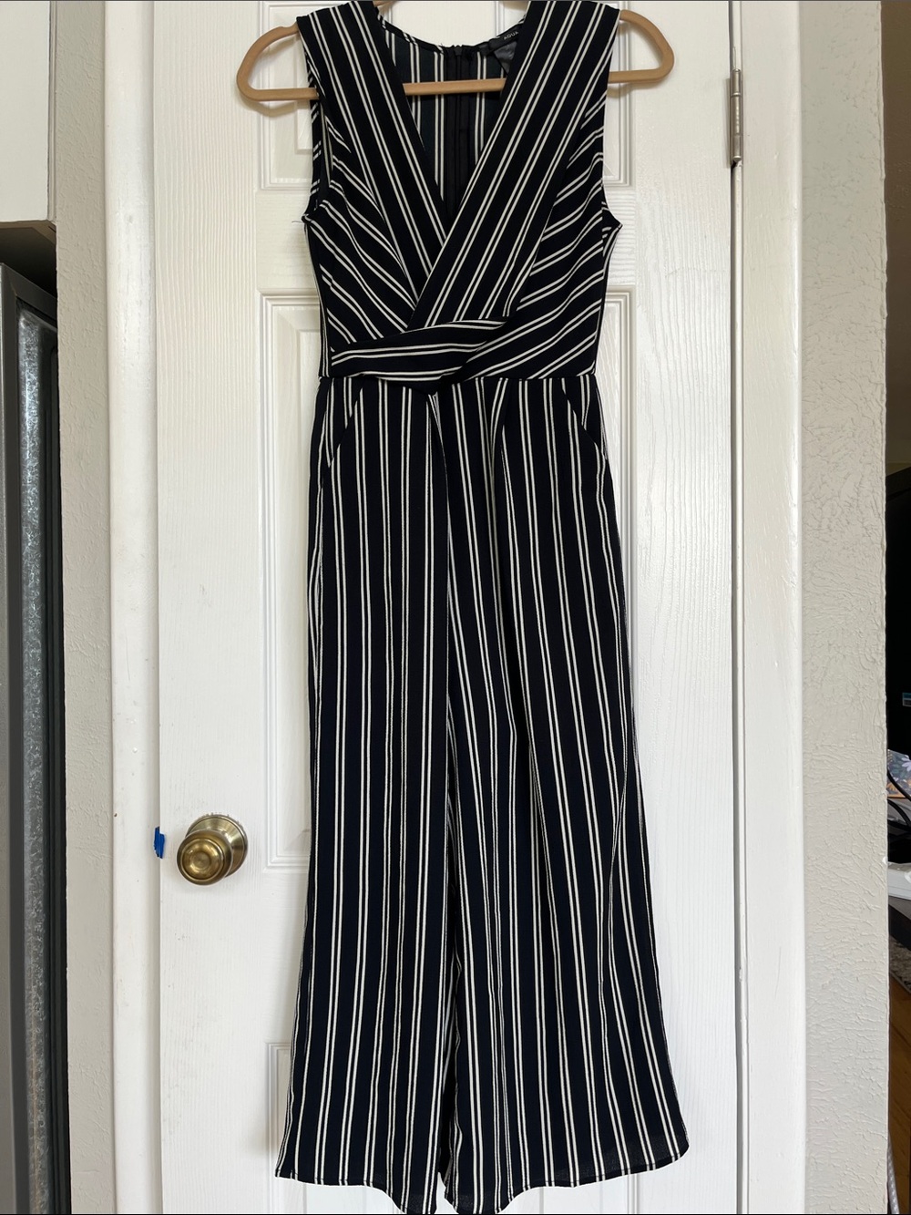 Aqua Black and White Vertical Stripe Sleeveless Jumpsuit